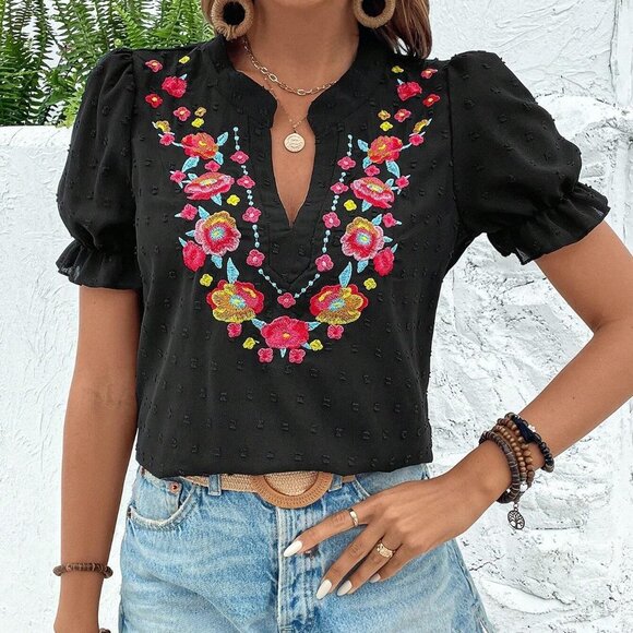 Black Boho Womens Floral Embroidery Notched Neckline Puff Sleeve Blouse - Picture 5 of 5